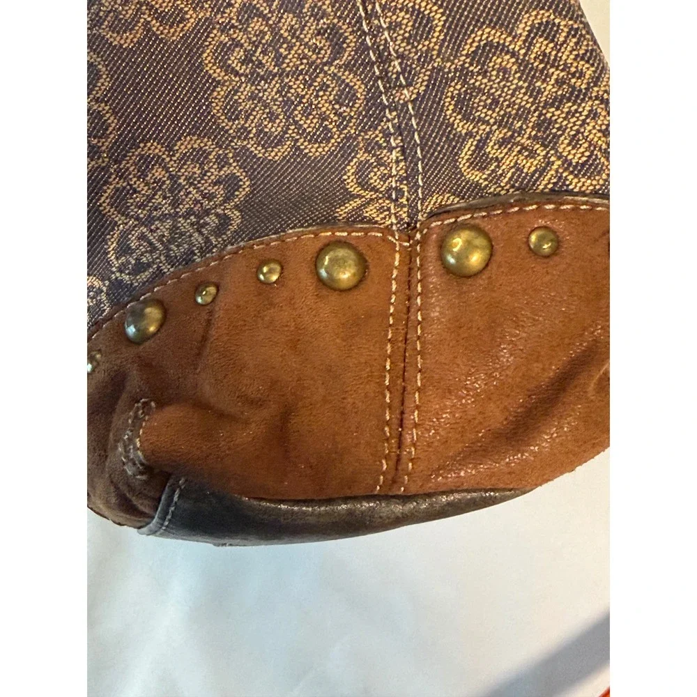 Kathy Van Zeeland Hobo Bag Large Brown Fleur De Lis Studded Y2K Boho Purse